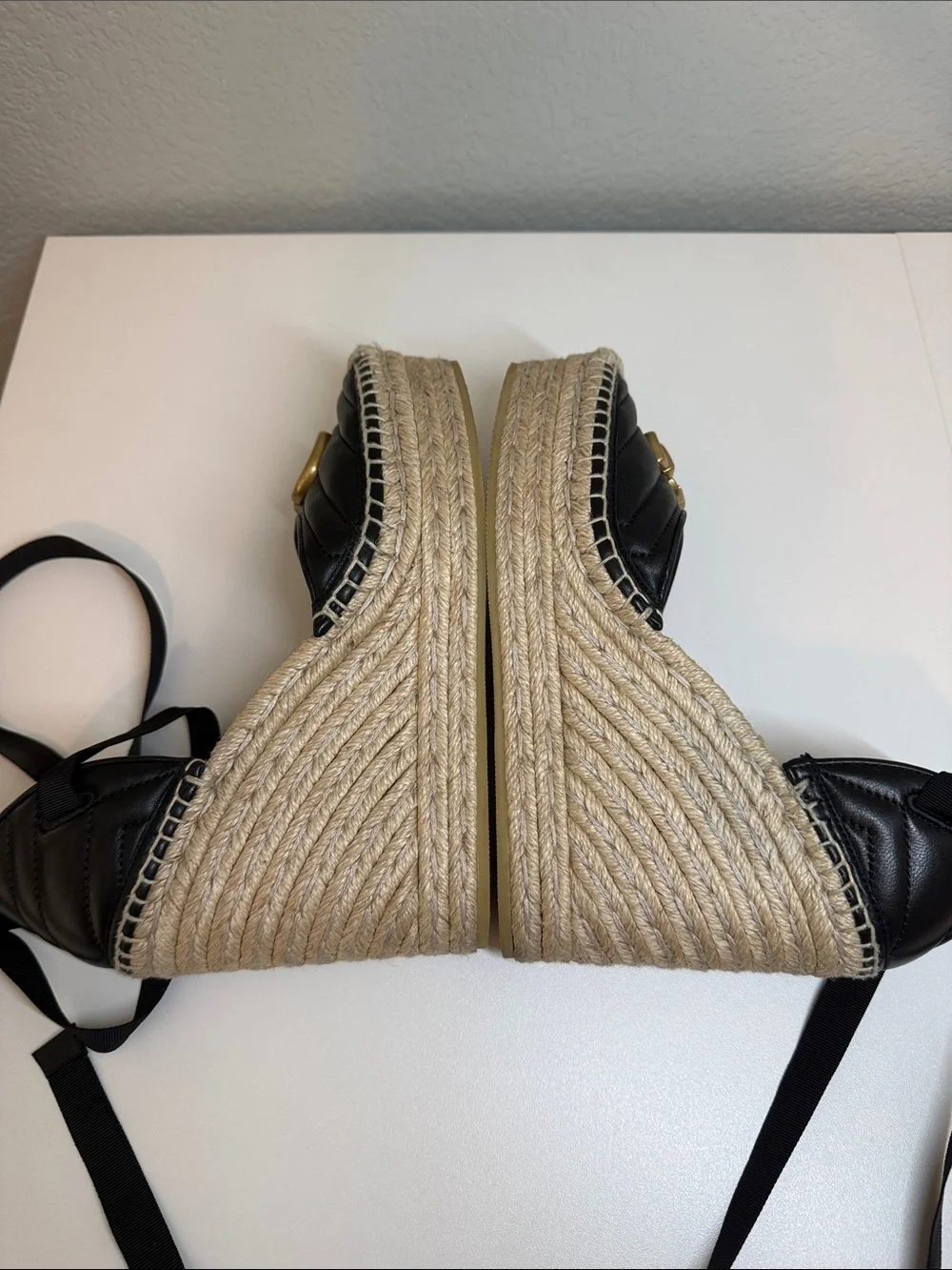 Gucci Black Leather GG Espadrille Wedges with Ribbon Ties